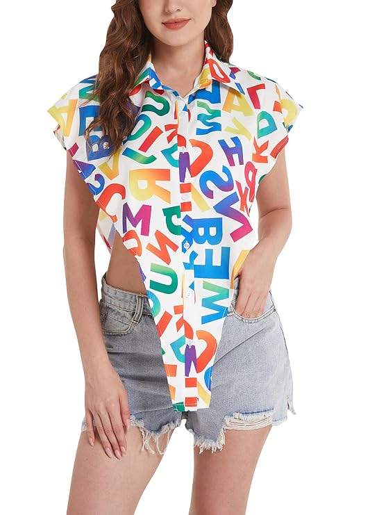 Women's White Multicolor Letter Print Button-Down Top