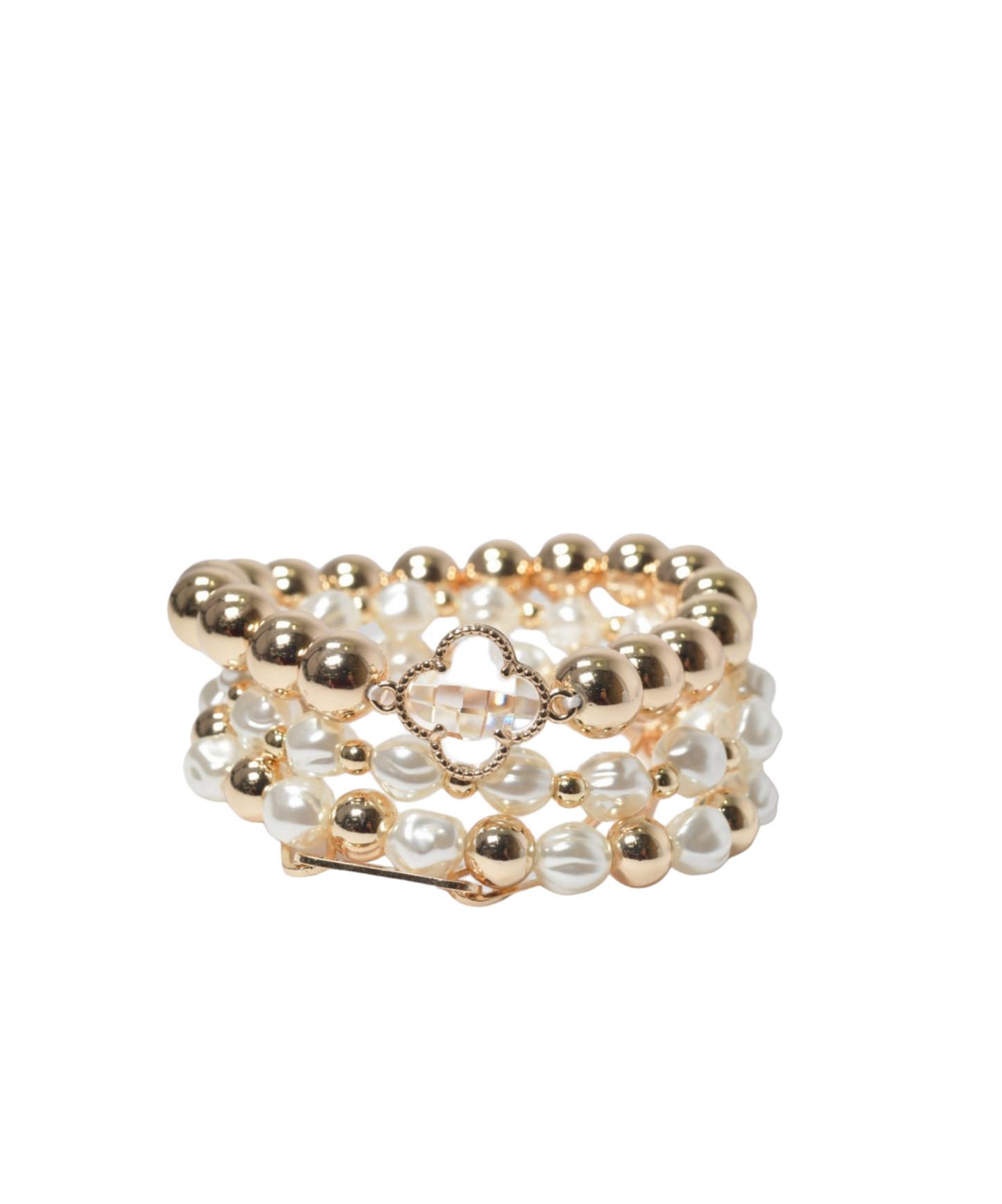 Gold clover with freshwater pearl multi-layered beaded stretch bracelet