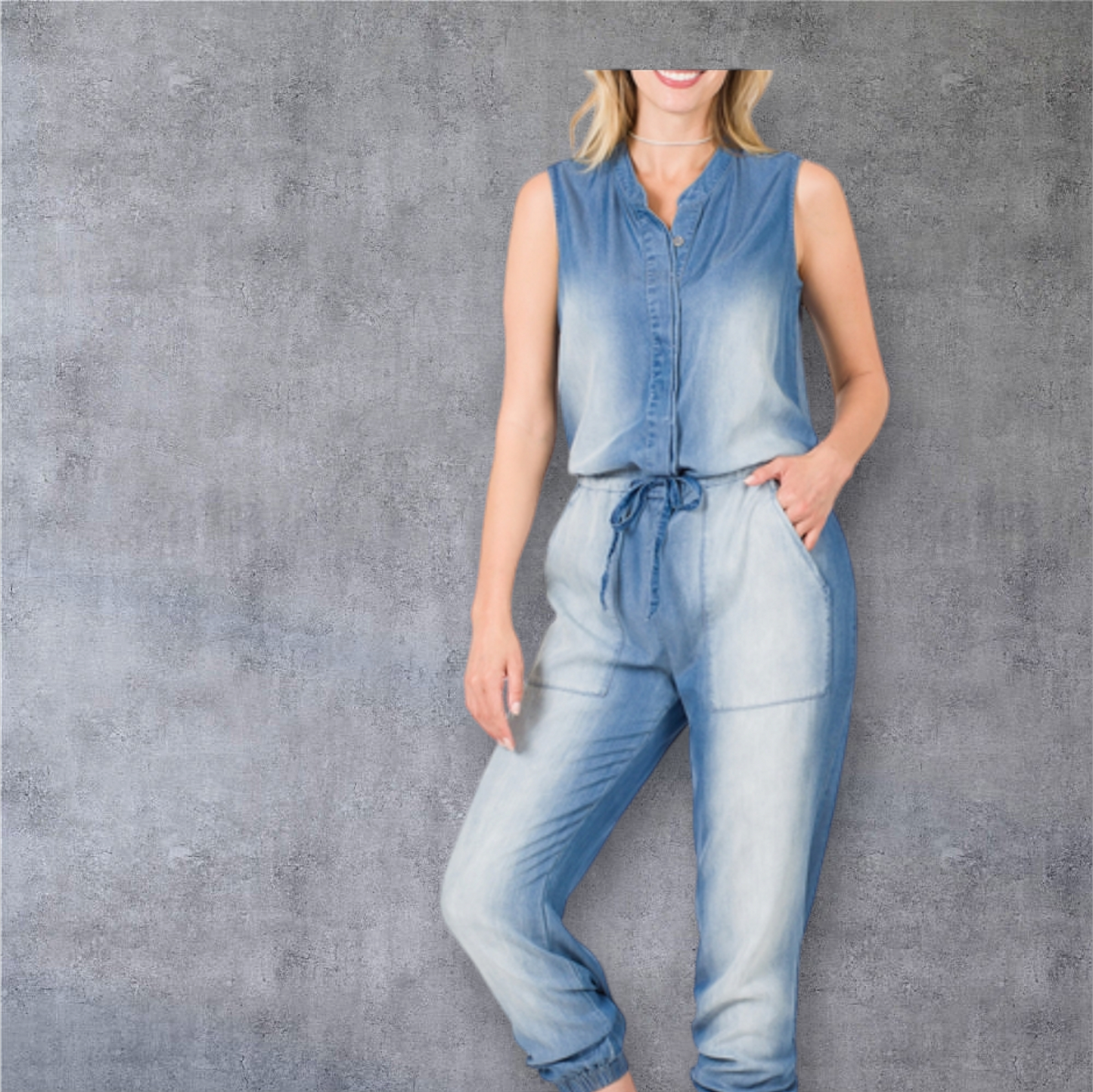 CHARMBRAY SLEEVELESS JUMPSUIT WITH POCKETS