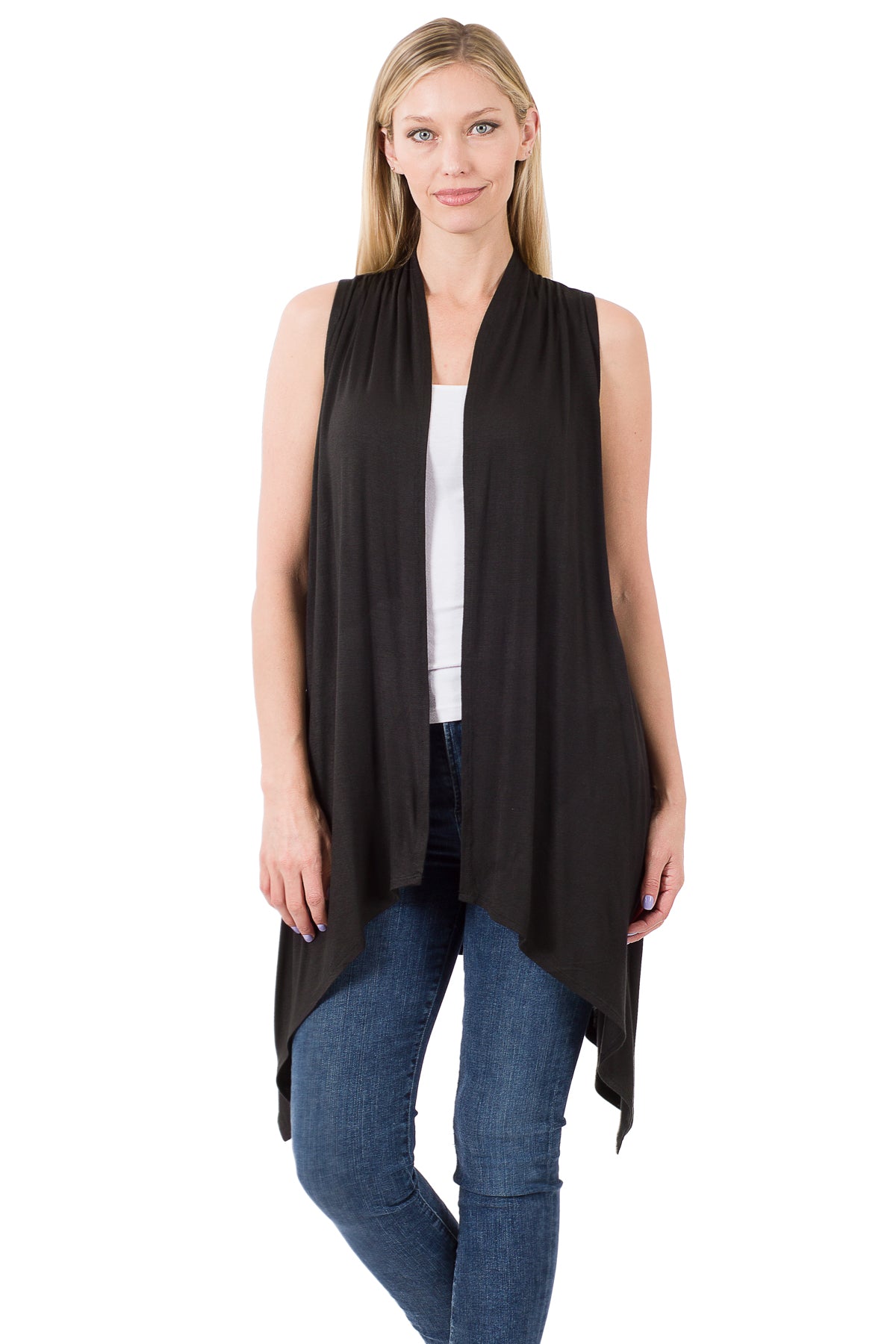 Sleeveless Draped Open Front Cardigan