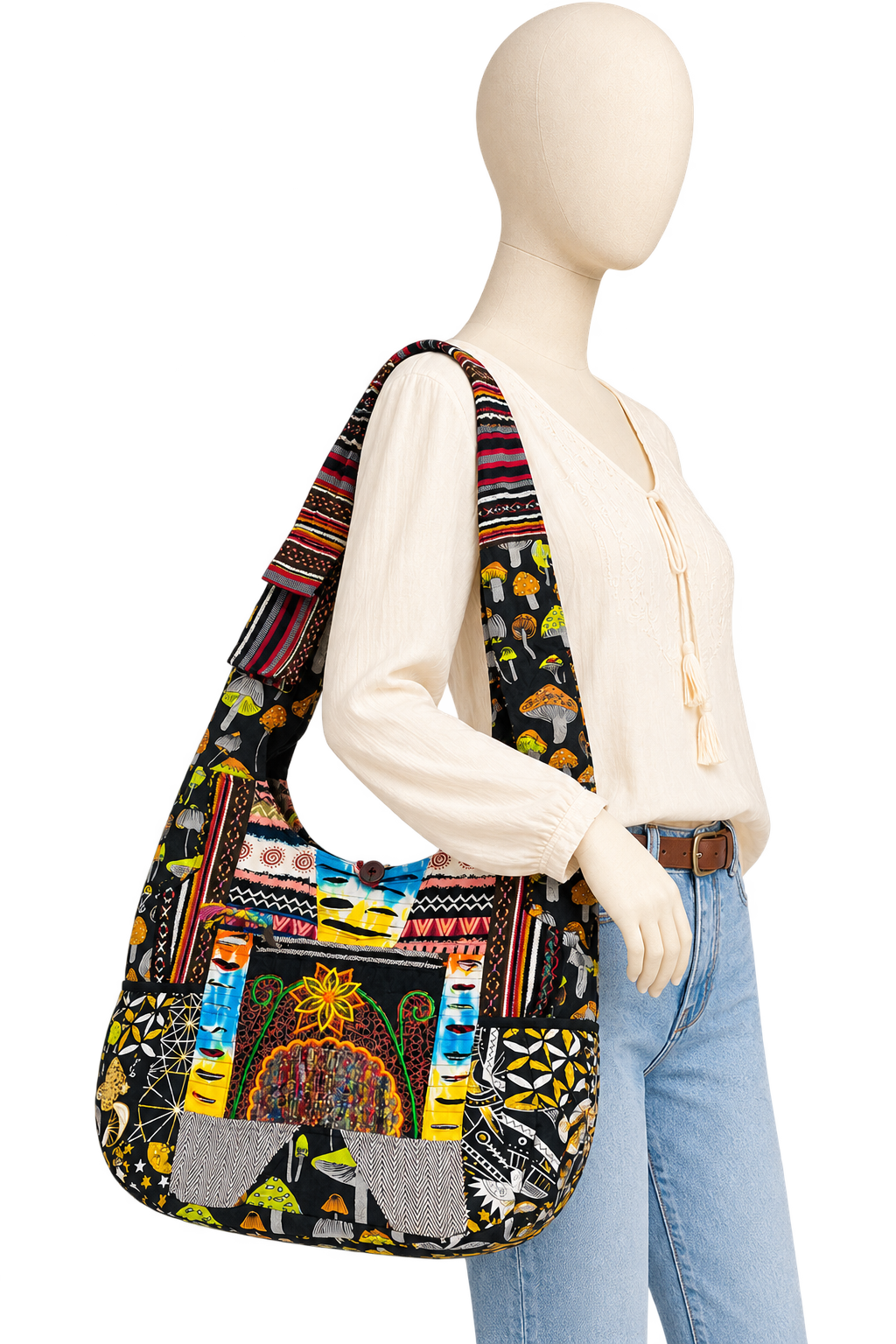 Cotton Mushroom Patchwork Crossbody Bag with Side Pockets