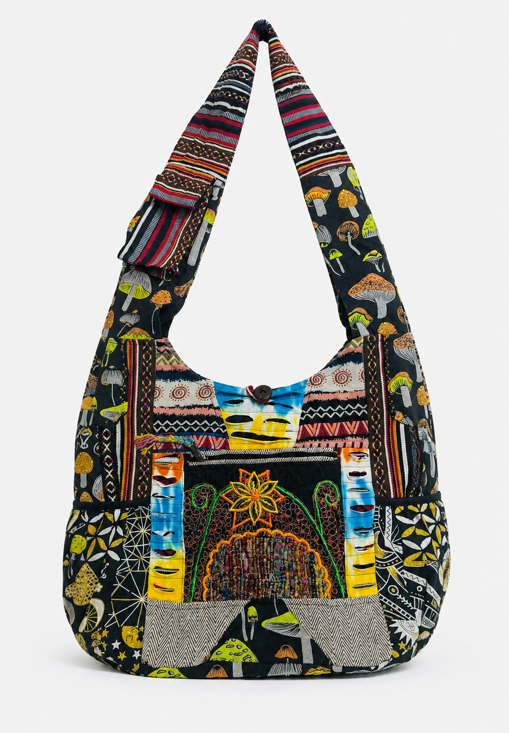 Cotton Mushroom Patchwork Crossbody Bag with Side Pockets