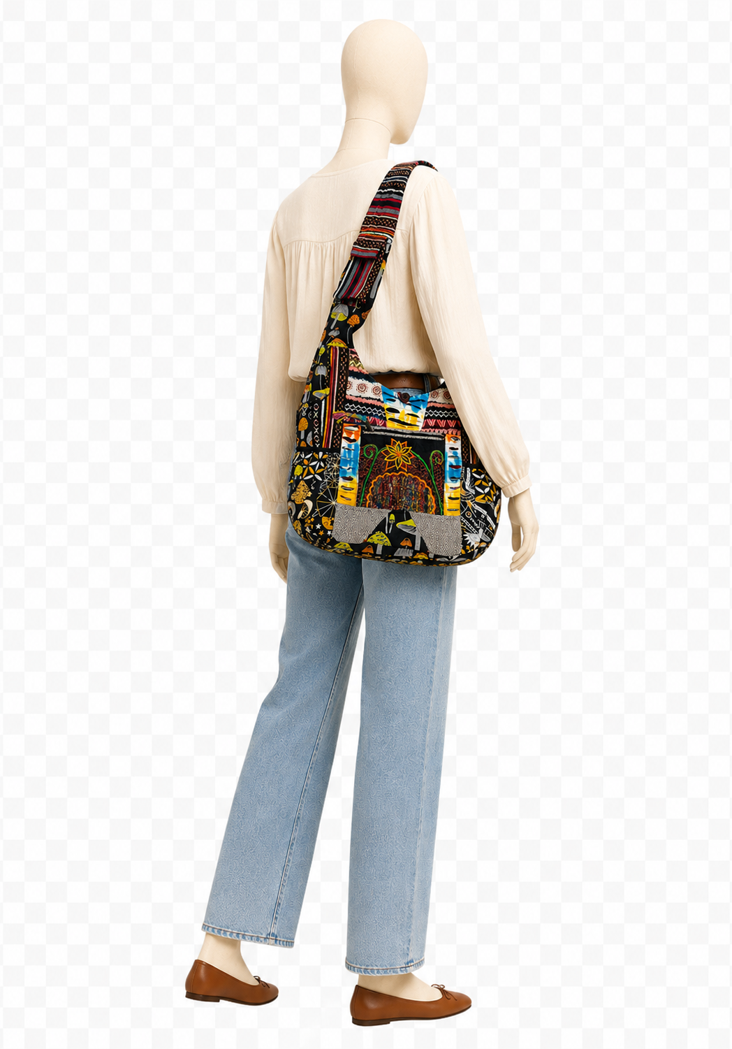 Cotton Mushroom Patchwork Crossbody Bag with Side Pockets