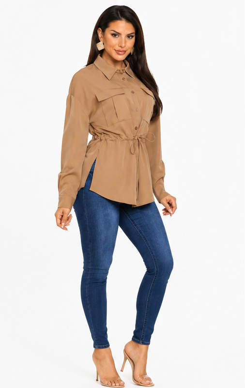 Women's Long Sleeve Button-Down Waist-Tie Shirt