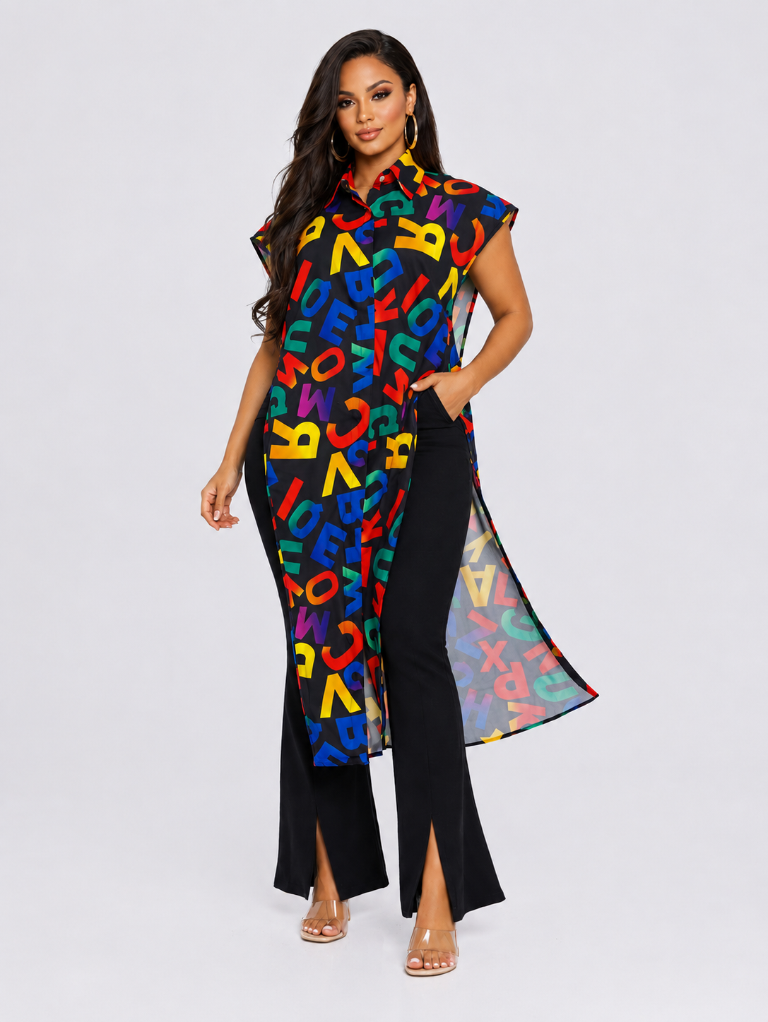 Women's Multicolor Letter Print Longline Tunic