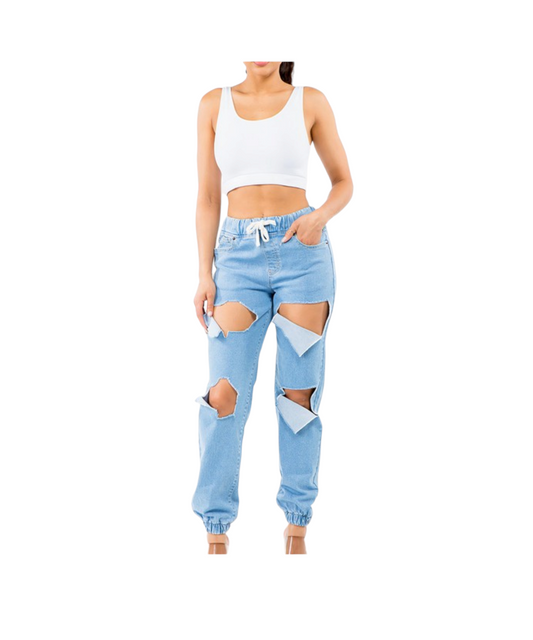 Highwaist Cutout Light Denim Joggers