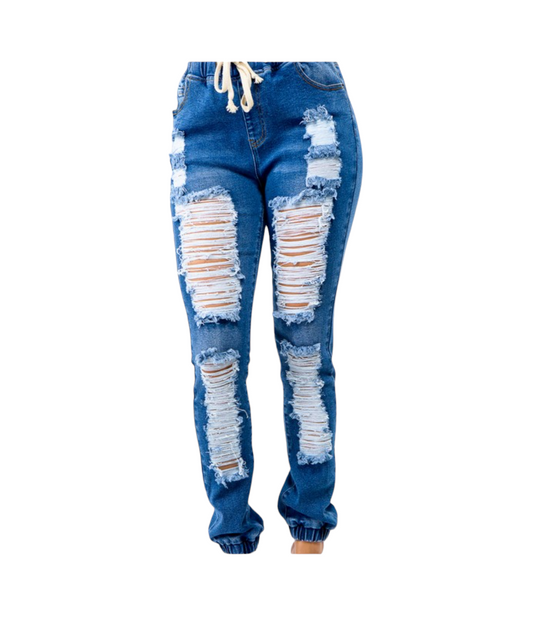 Plus Highwaist Distressed Front Denim Joggers