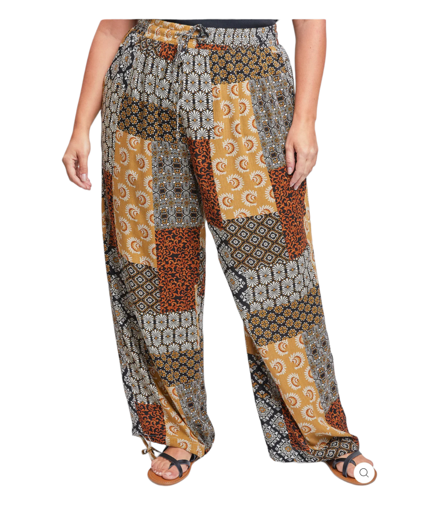 Plus Size Linen Elastic Waist Patchwork Pants With Drawstring