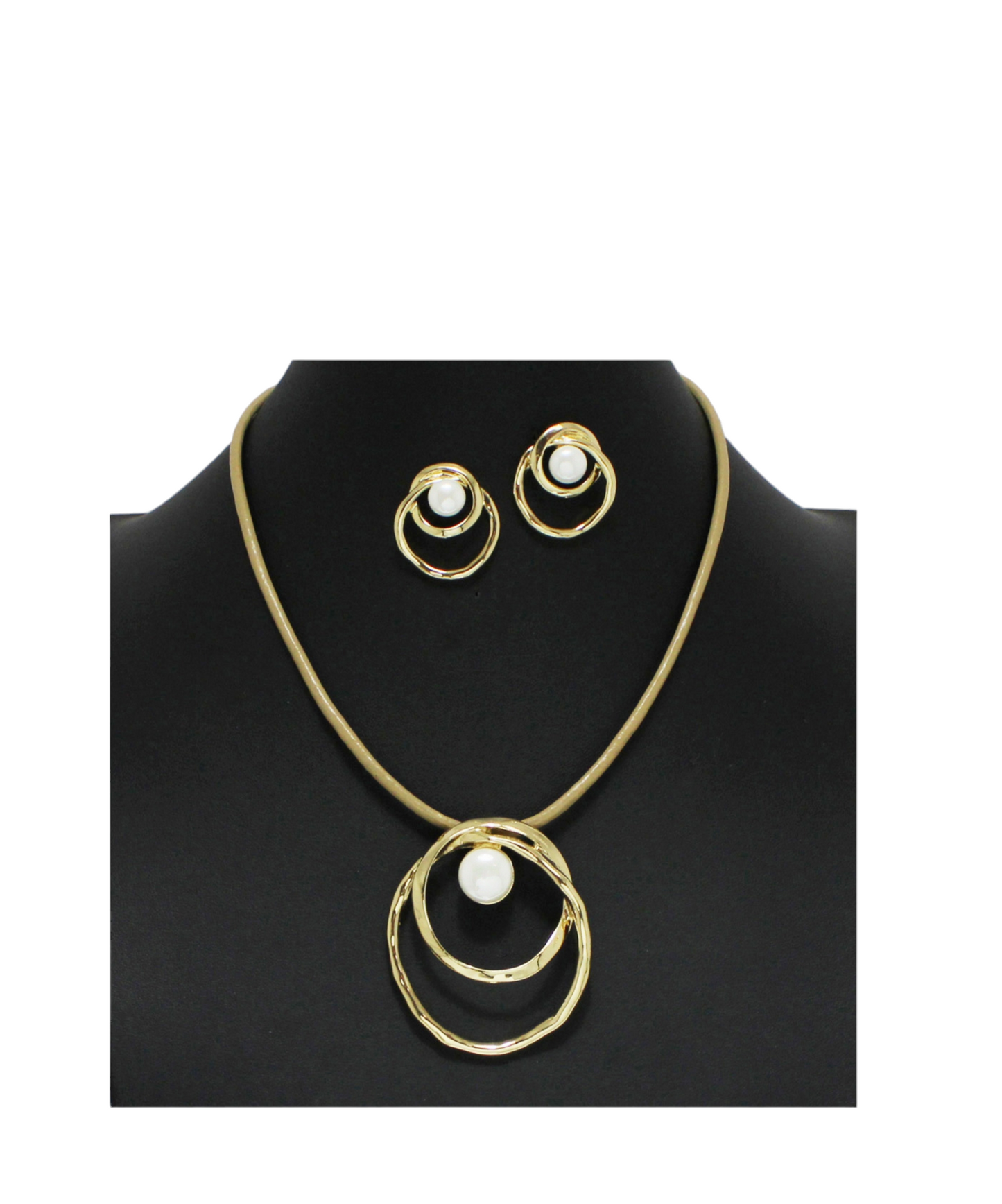 Gold Pearl accent Geometric leather cord necklace/earring