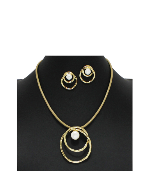 Gold Pearl accent Geometric leather cord necklace/earring