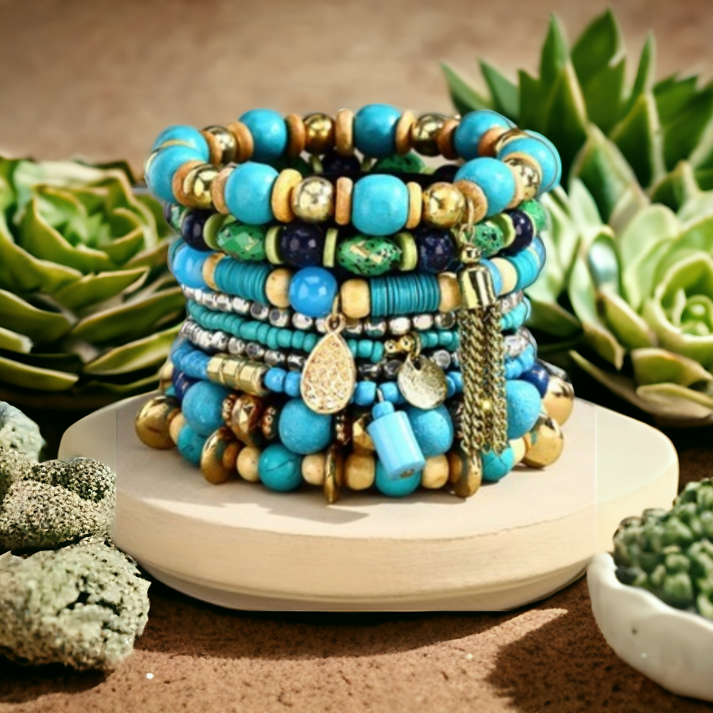 9 Layered Turquoise Mixed Bead Stretch Bracelet