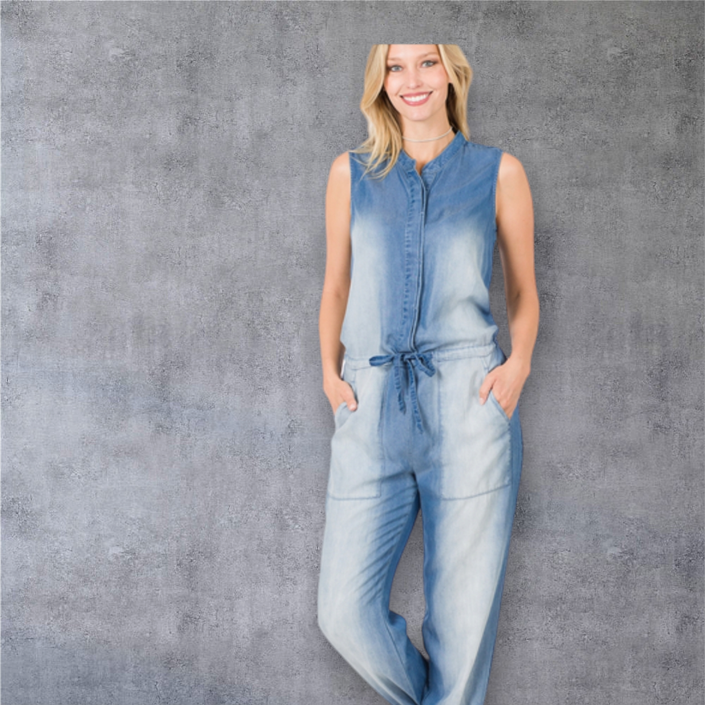 CHARMBRAY SLEEVELESS JUMPSUIT WITH POCKETS