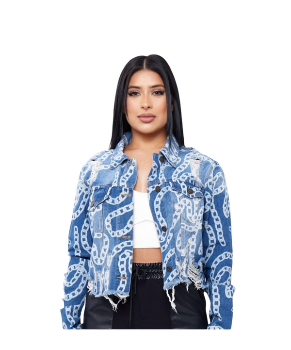 Boxy Distressed Chain-Print Denim Jacket
