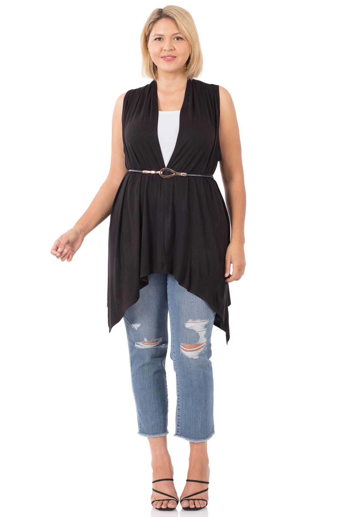 Sleeveless Draped Open Front Cardigan