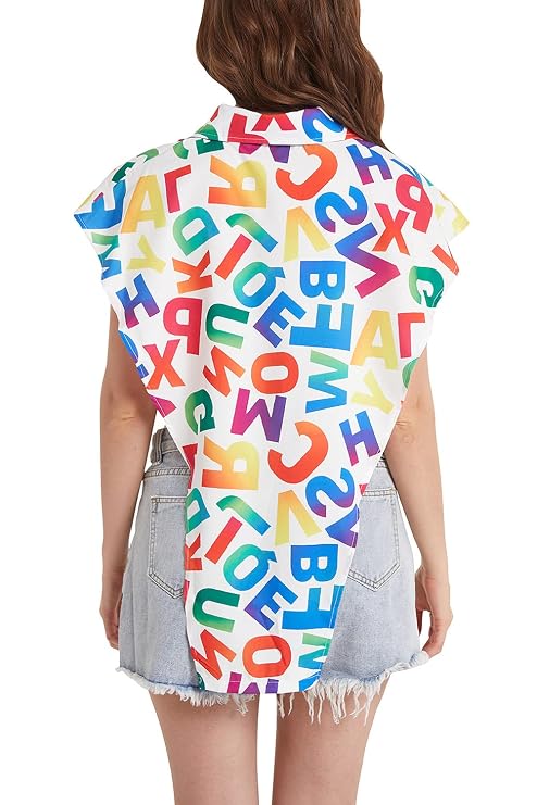 Women's White Multicolor Letter Print Button-Down Top