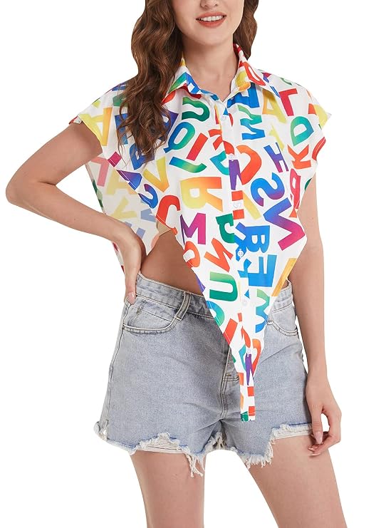 Women's White Multicolor Letter Print Button-Down Top