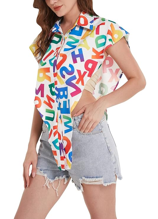 Women's White Multicolor Letter Print Button-Down Top