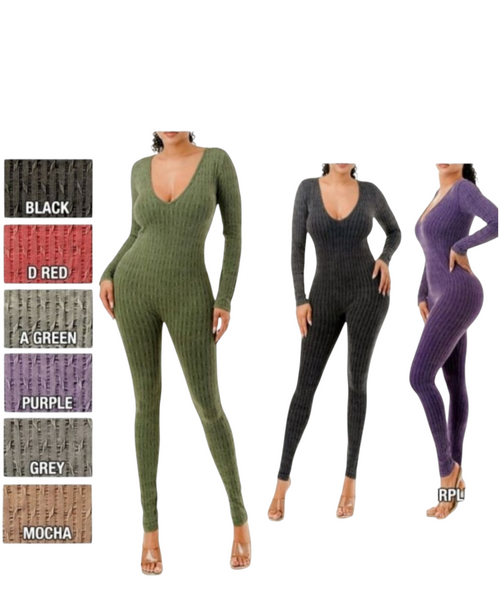 Ribbed V-Neck Long Sleeve Bodycon Jumpsuit