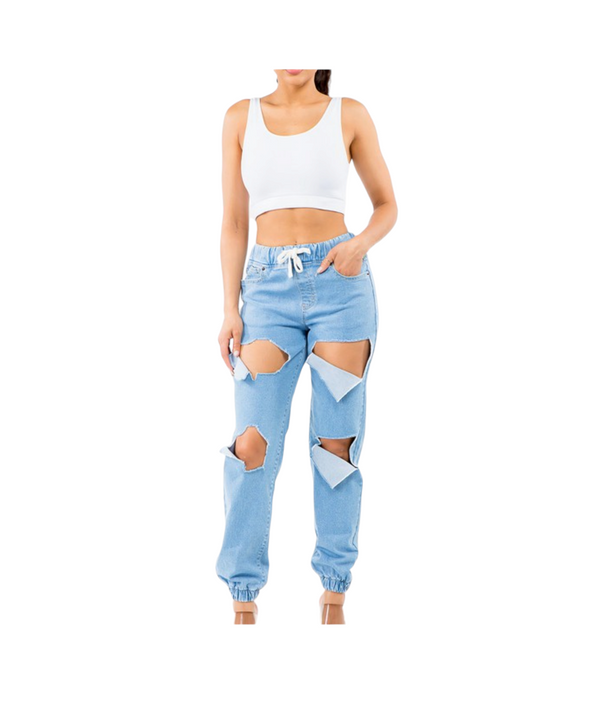 Plus Size High-Waisted Cutout Light-Wash Denim Joggers